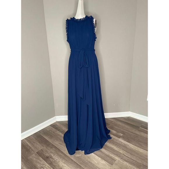 NWT BADGLEY MISCHKA Ruffle-trimmed pleated chiffon gown Size 8 $750 - Picture 4 of 8